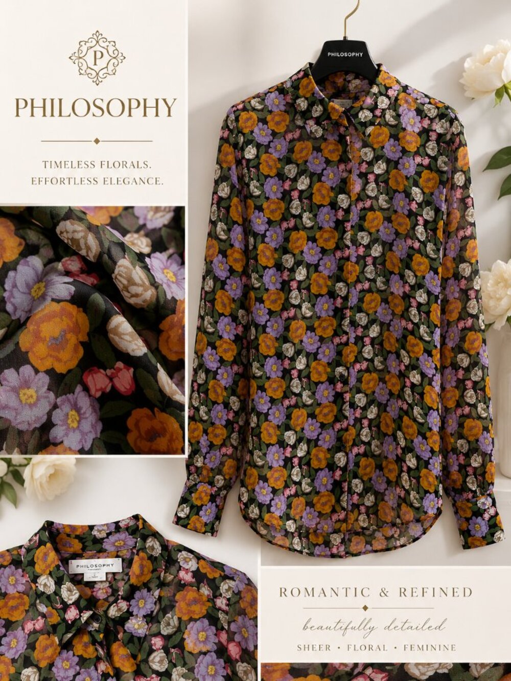 Philosophy Black Floral Print Button Front Sheer Blouse Size Small NWT